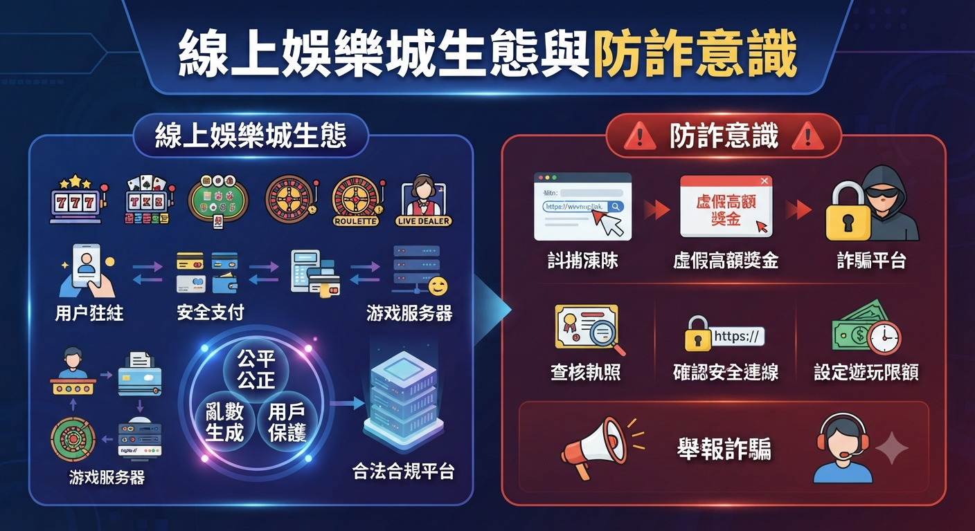 這張圖片探討了線上娛樂城的運作生態,並強調了防範詐騙的重要性。 內容同時涵蓋了安全合規的平台機制以及識別網路詐騙的防詐意識。