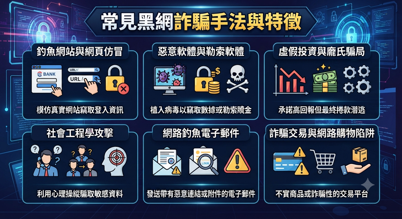 圖片上方標題為「常見黑網詐騙手法與特徵」,下方則以圖文並茂的六個區塊列出多種詐騙類型與防範重點。 整體設計採用深色科技風格,搭配安全鎖與警示圖示,突顯資安防護與識別網路詐騙的核心主題。